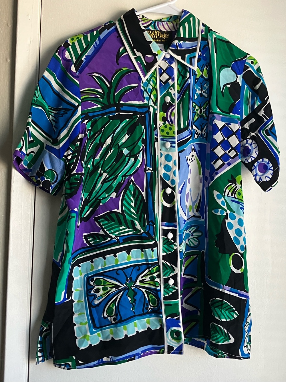 Bob Mackie Wearable Art 100% Silk Blouse Button Up Cat Tropical Size XS